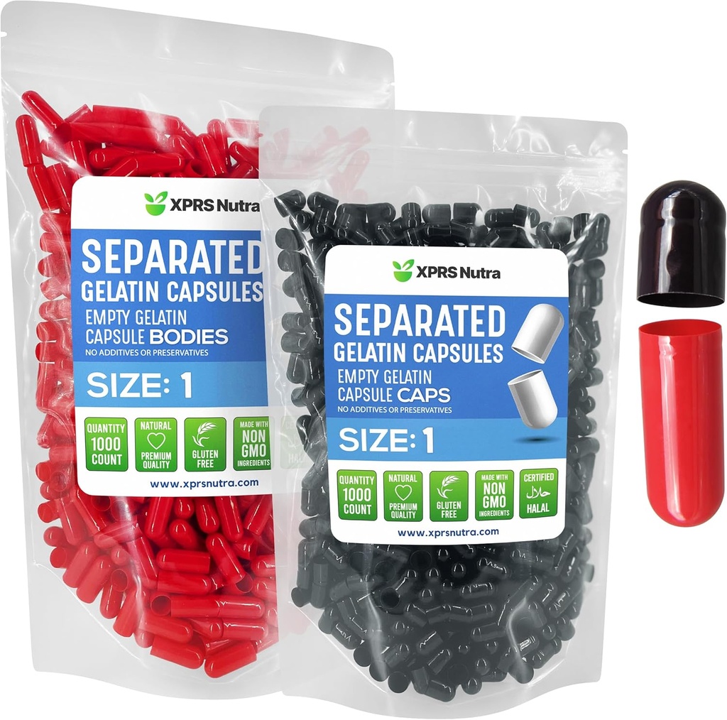 XPRS Nutra Size 1 Gelatin Separated Capsules - 1000 Count Empty Pill Capsules Separerade i väskor - Tomma piller för DIY Supplement Fyllning (Black/Red)