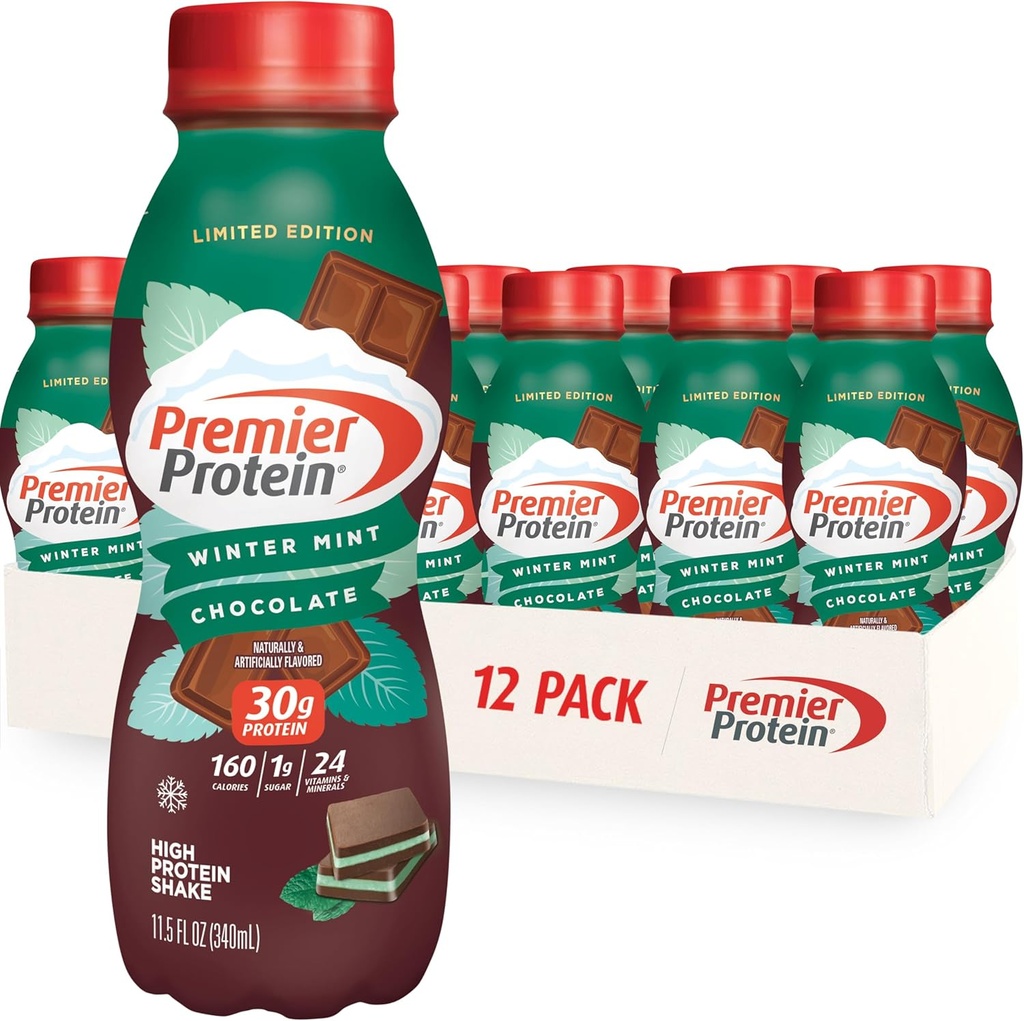 Premier Protein Shake, Limited Edition Winter Mint Chocolate, 30g Protein, 1g Sugar, 24 Vitaminer och mineraler, näringsämnen för att stödja immunhälsa, 11,5 oz, 12 Pack