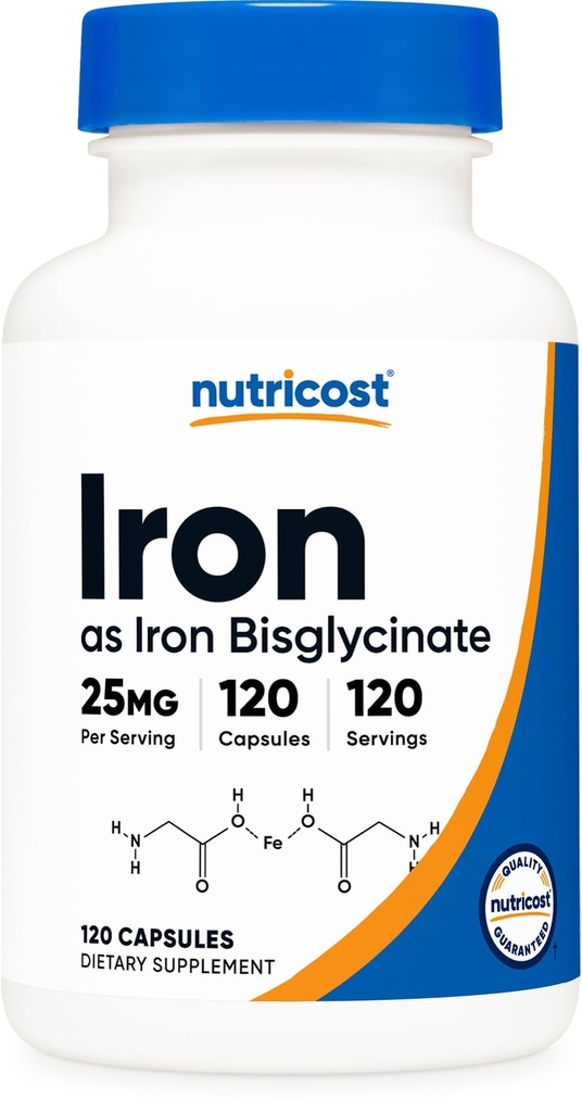Nutricost Iron Bisglysinate Supplement (25 mg) 120 kapselia - Ferrous Bisglysinaatti Chelate - ei- GMO & Gluteenivapaa