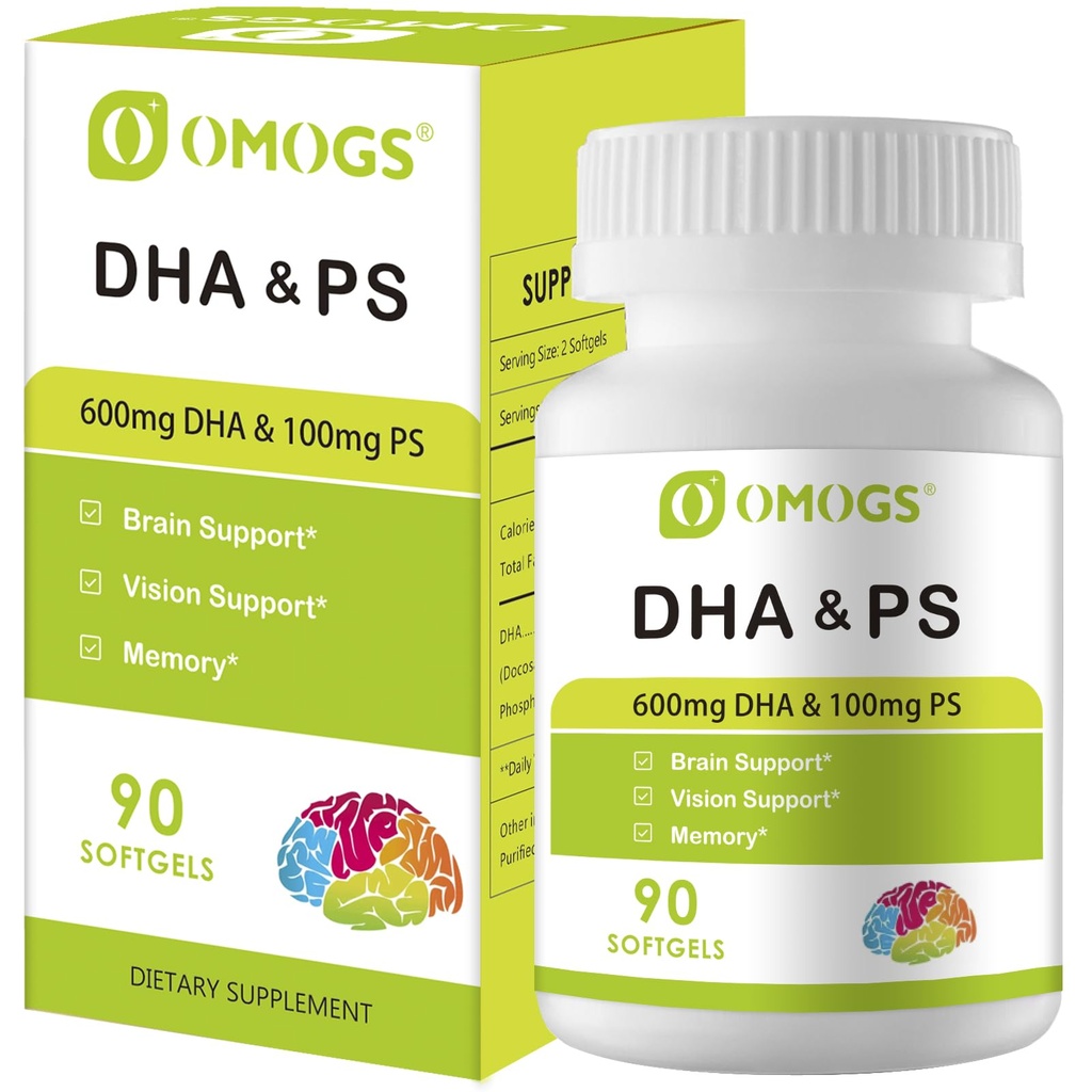 OMOGS Algae DHA - 600 mg Omega-3 DHA Softgels, med Phosphatidylserine & Walnut Oil, Stöder Hälsosam hjärnfunktion, Vision, Eye & Memory, Gluten Free, Non-GMO Vegan Algae Oil, 90 Softgels