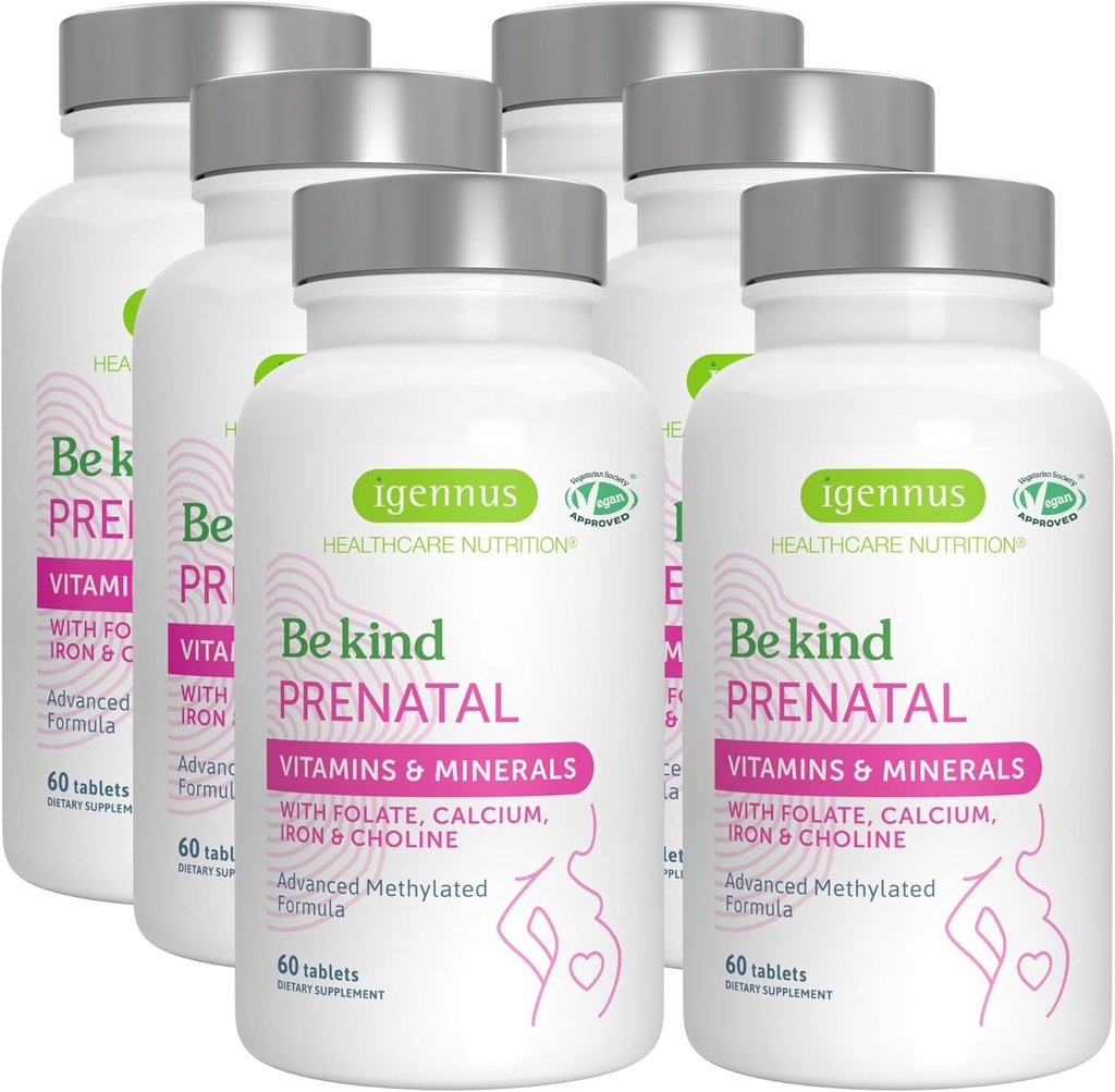 Igennus Methylated Prenatal Multivitamin för kvinnor, folat för MTHFR, High Absorption, Pure & Clean, Gentle Iron, Choline, Calcium & Magnesium, Vegan Graviditet Vitaminer, Halal, Non-GMO, 60 tabletter x 6
