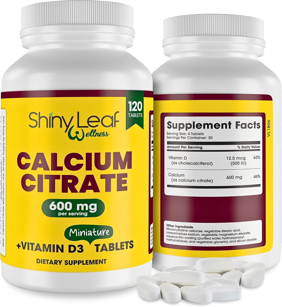 Shiny Leaf Calcium Minis 600 mg - Dagliga tabletter av Calcium Citrate 600mg Plus Vitamin D3 för Bariatric Post-Op och Gastric Bypass för kvinnor och män, lätt att svälja, Made in USA, Vegetarian - 120 Ct.
