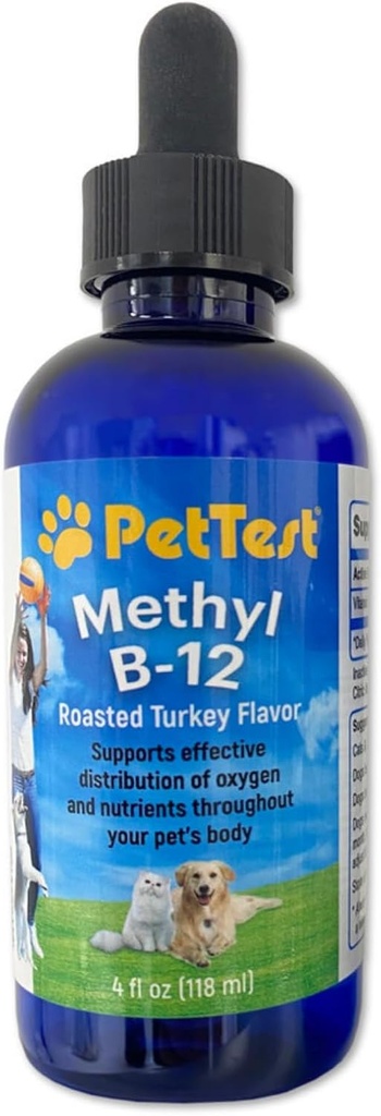 PetTest Methyl B12 Vitamiini Liquid Drops 4fl oz (5000 MCG) täydennysosa Methylcobalamiini diabeettisille lemmikkieläimille, suurin Imeytyminen lisätä energiaa koirille ja kissoille
