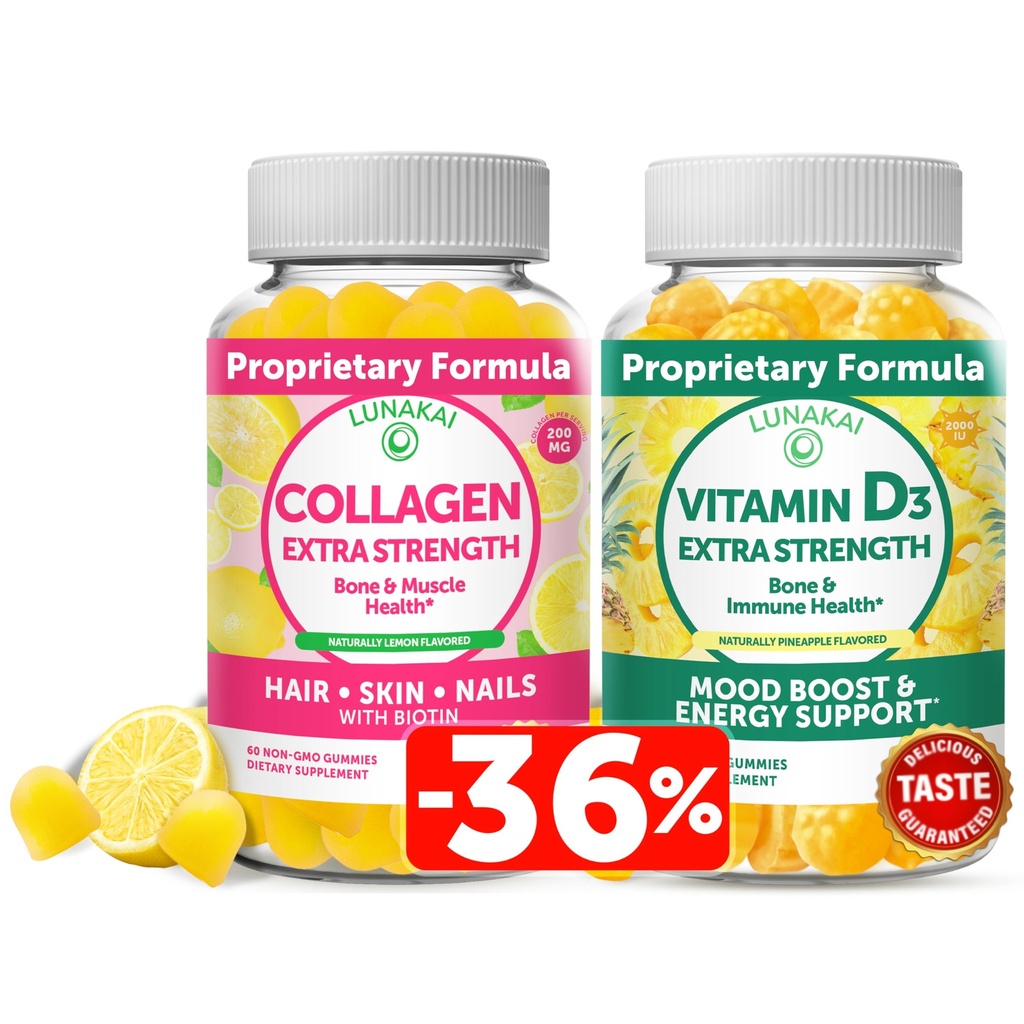 Lunakai Collagen ja D3-vitamiini Gummies Bundle - Ei-muuntogeenisiä anti-ikääntymisen lisäravinteet miehille ja naisille - Immuniteetti, luut ja mieliala Tuki Gummy aikuisille - 30 päivän tarjonta