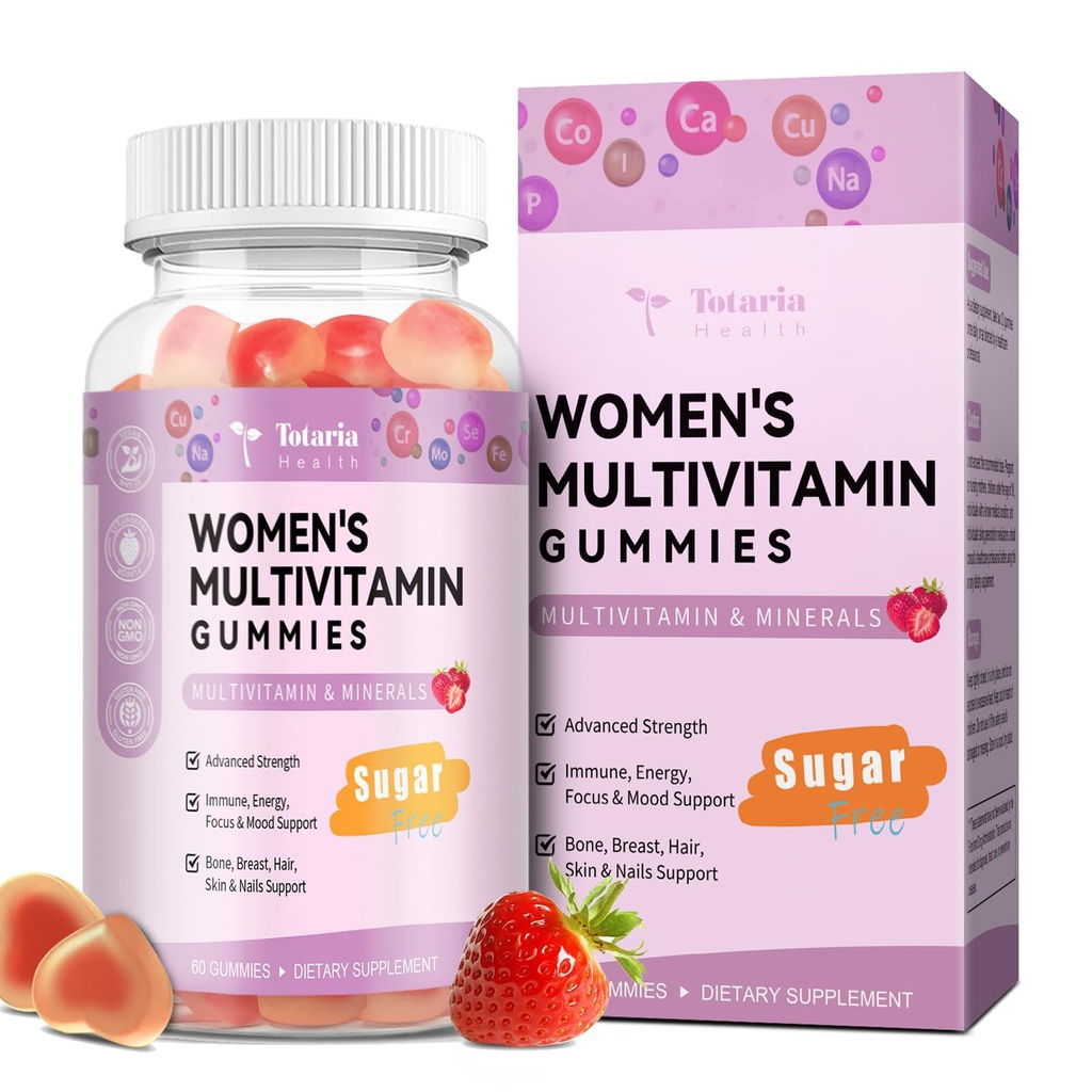 Totaria Sugar Free Multivitamiini Gummies for Women 14+ w/Iron, Inositoli, Folaatti, Biotiini, Naisten Päivittäinen Multivitamiini Gummy w/Vitamin A, C, B, D3, K2, Hiukset, iho, energia, Immuuni, Mansikka Flavor