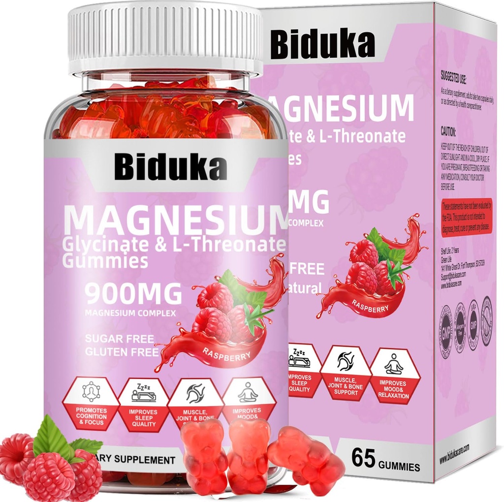 900mg Magnesium Complex 65 vadelma Gummies, sokeriton magnesium Glycinate & L-treonaatti Kaliumlisä D-vitamiini, B6, CoQ10 rentoutumista
