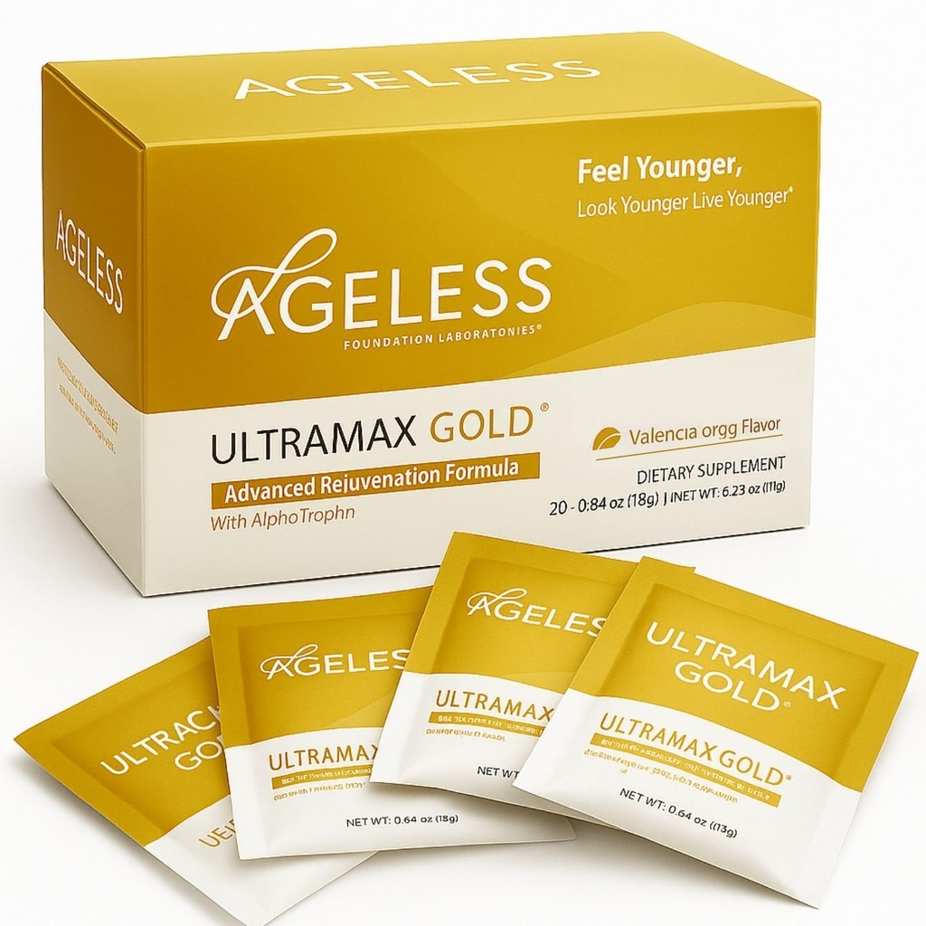 Ageless UltraMAX Gold - HGH Anti-Aging Supplement för kvinnor och män - Föryngrar hud, återställer ungdomlig utseende, ökar energi och sömn, Effervescent Powder - Valencia Orange smak - 22 Packets