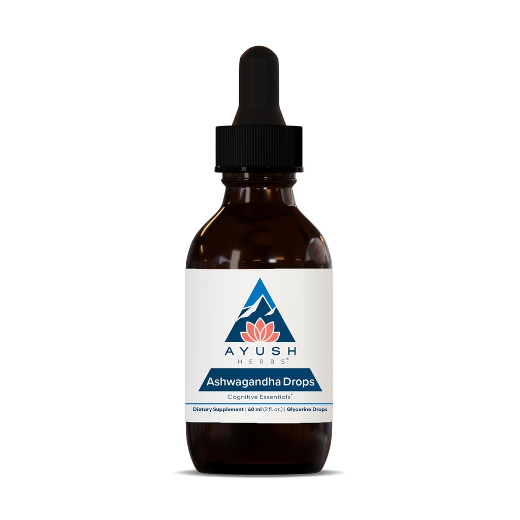 Ayush Yrtit Ashwagandha Drops - Ashwagandha Alkoholittomat Drops aikuisille, Calming Daily Supplement for Focus & Attention with Organic Ashwagandha, Lemon Flavor - 2 Fl Oz (80 Servings)