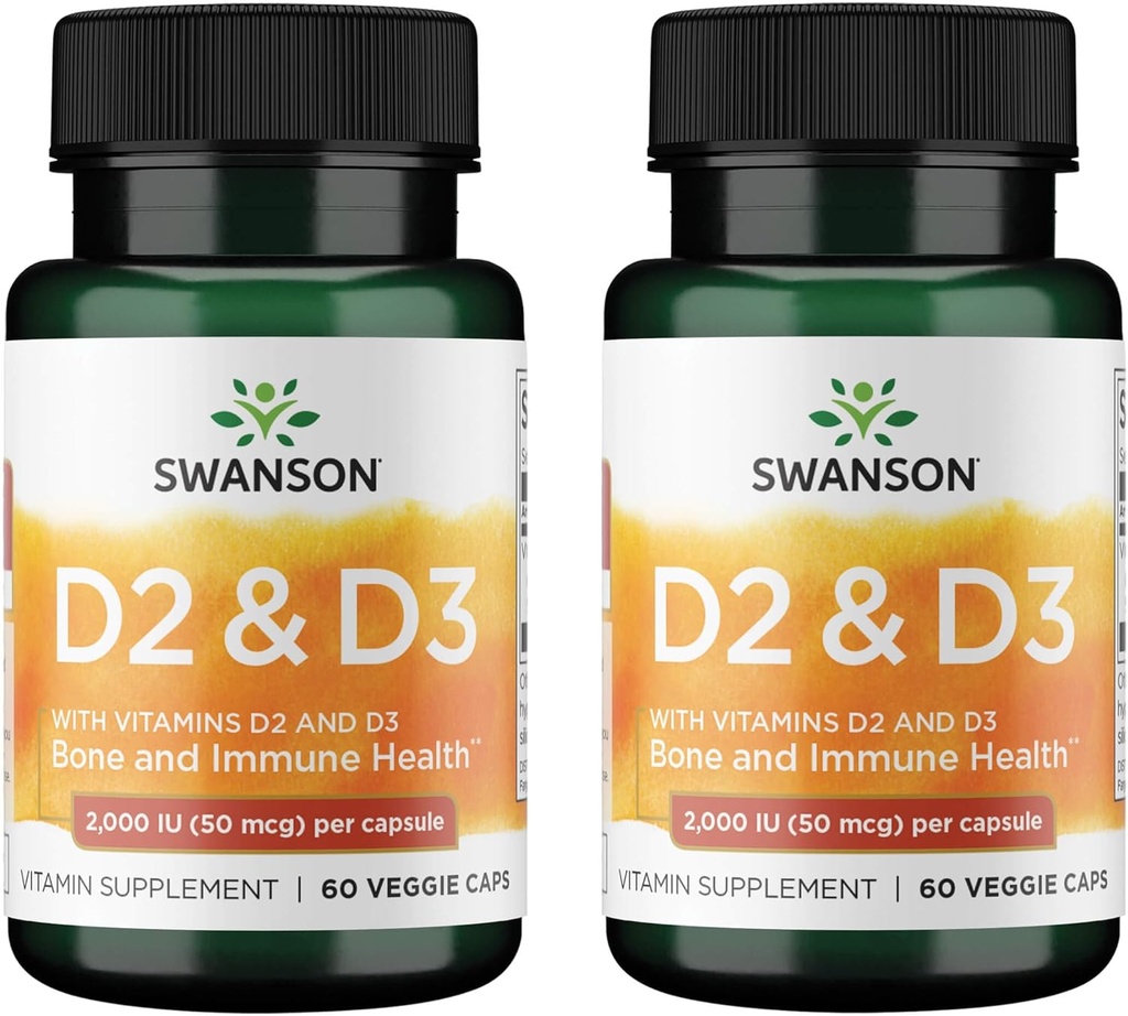 Swanson-vitamiini D Complex vitamiineja D2 & D3 - Täydellinen Sunshine-vitamiinikompleksi luun, Dental & Immuno Health - Vitamiini täydentää (50 mikrog, 60 kasviskapselia) (2 pakkaus)