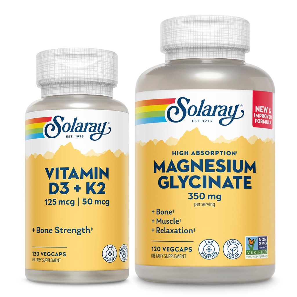 SOLARAY- vitamiini D3 K2 ja magnesium- Glycinate - Bone Health Bundle - Kalsiumin imeytyminen, hermo, sydän ja immuuni tuki w/ 5000 IU D- vitamiini, 350 mg kelated magnesium, 60 päivän takuu, 120ct/ 120ct