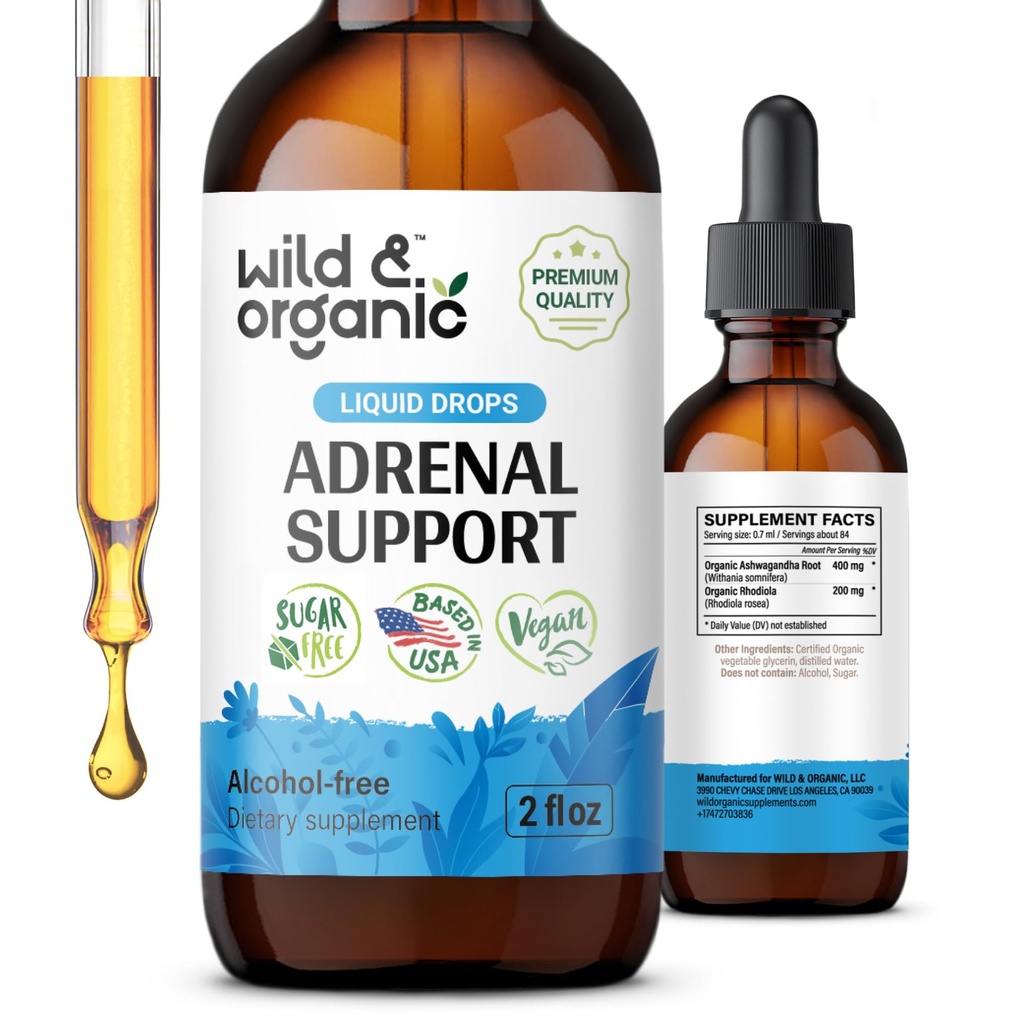 Wild & Organic lisäravinteet Tincture Positive Outlook - Adrenal Complex Ashwagandha, Rhodiola Rosea Root - 1 kuukausi tarjonta - Vegan, Ei sokeria ja alkoholia - 2 fl oz