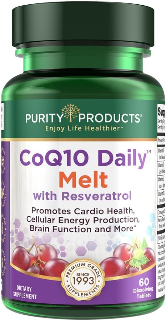 Puhtaus Tuotteet CoQ10 Päivittäin Resveratrol Melt 100mg CoQ10-30mg Trans-Resveratrol - A-vitamiini, D3, E- ja B12 (metyylikobalamiinina) - 60 nopeasti liukenevaa tablettia