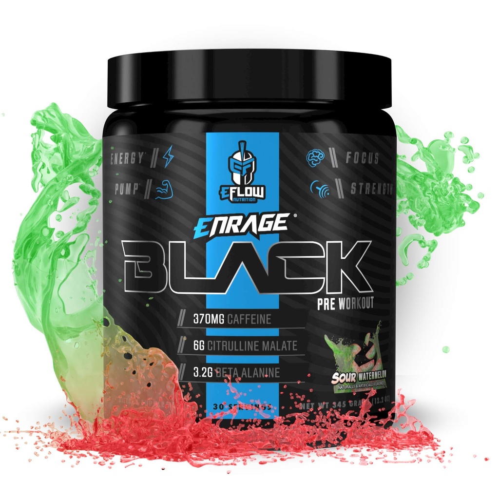 eFlow Nutrition Enrage Black High Stimulant Pre Treout täydennysosa - Preworkout jauhe Boost energiaa, pumppuja ja voimaa - 4 makuja (30 tarjoilua) (Sour Watermelon)