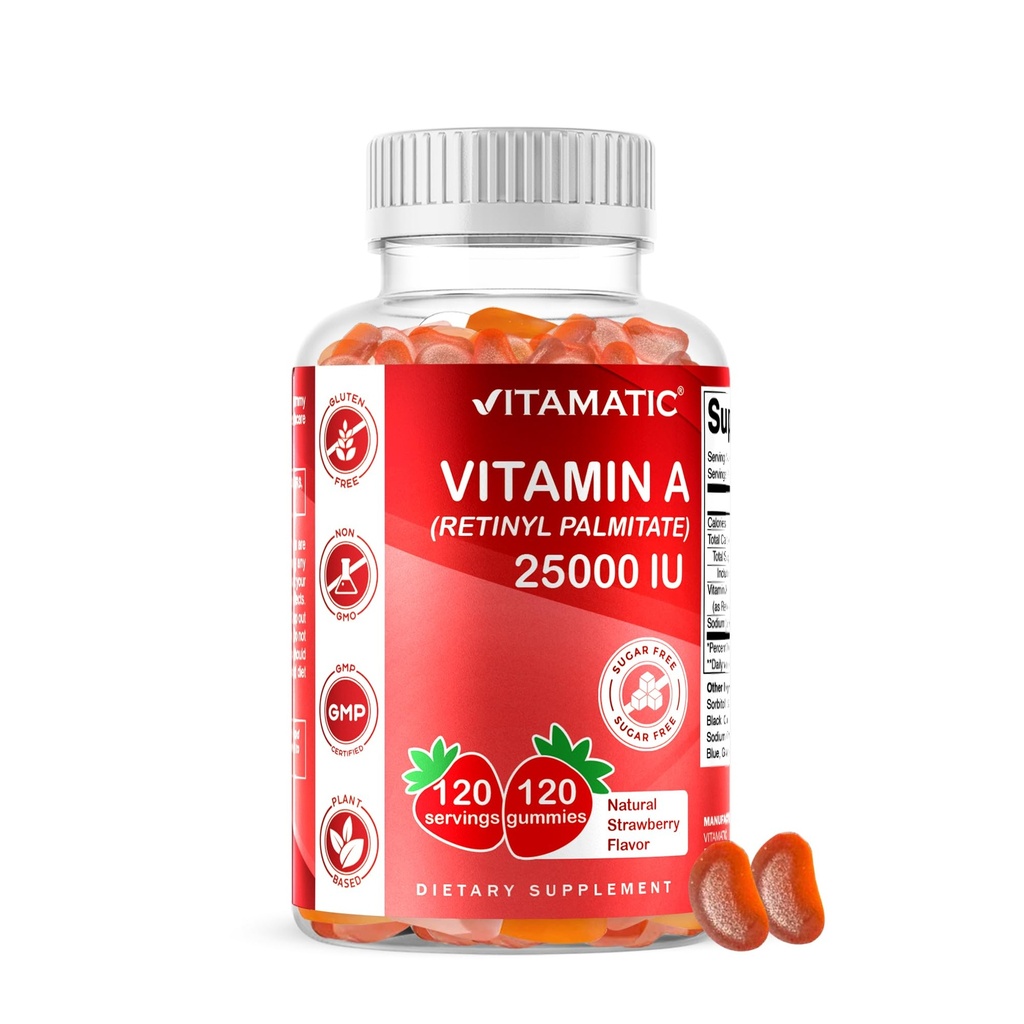 Vitamatic Sugar Free Vitamin A 25000 IU Gummies (Retinyl Palmitate) - Naturlig jordgubbsmak - 120 Pectin Based Gummies (1 flaska)