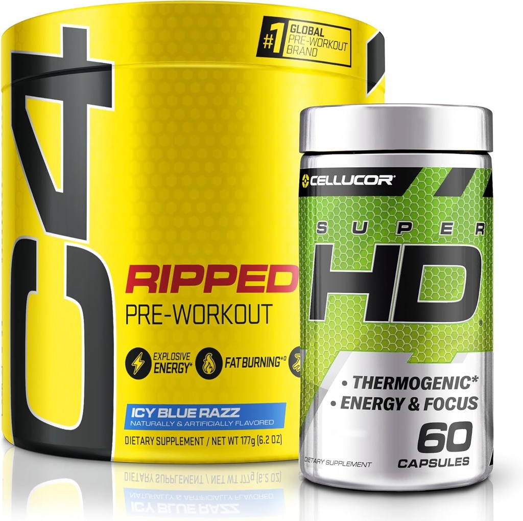 C4 repäisty & SuperHD, Thermogenic Bundle, C4 repäisty pre harjoitusjauhe, ICY Blue Razz 30 Tarjoilut + SuperHD Capsimax ja vihreä teeuute, 60 tarjoilua