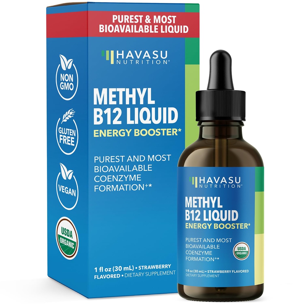 USDA Organic B12-vitamiinin nestetippa - Metyylikobalamiini tehostetun energian ja hermoston tukeen - 30 tarjoilua - Erittäin biosaatavana imeytymiseen - Ei-GMO, Vegan, Mansikkamaku, 1 Fl Oz