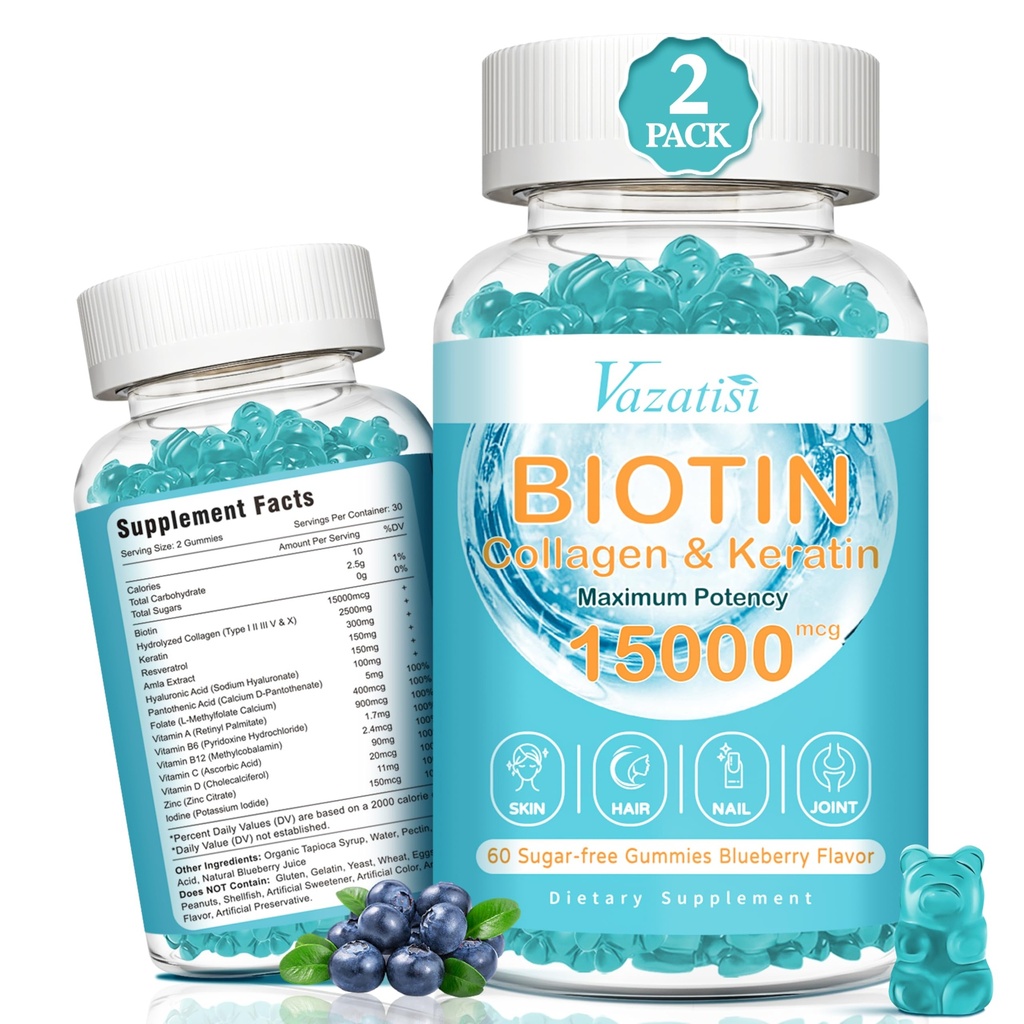 Biotin och Collagen Gummies med B12, Hair Skin och Nails Vitamins Gummies for Hair Growth, Glowing Skin & Strong Nails - Blueberry Flavor, Sugar Free, 120 Ct