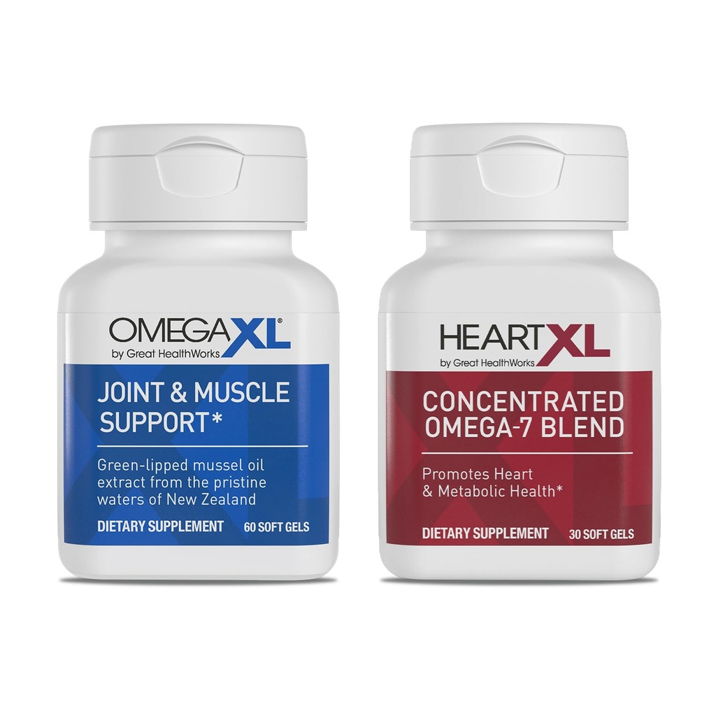 OmegaXL Joint Support Supplement - Natural Muscle Support, Green Lipped Mussel Oil, Soft Gel pillereitä, Drug-free, 60 Count + HeartXL 30 Count, High Potency Omega-7 Blend