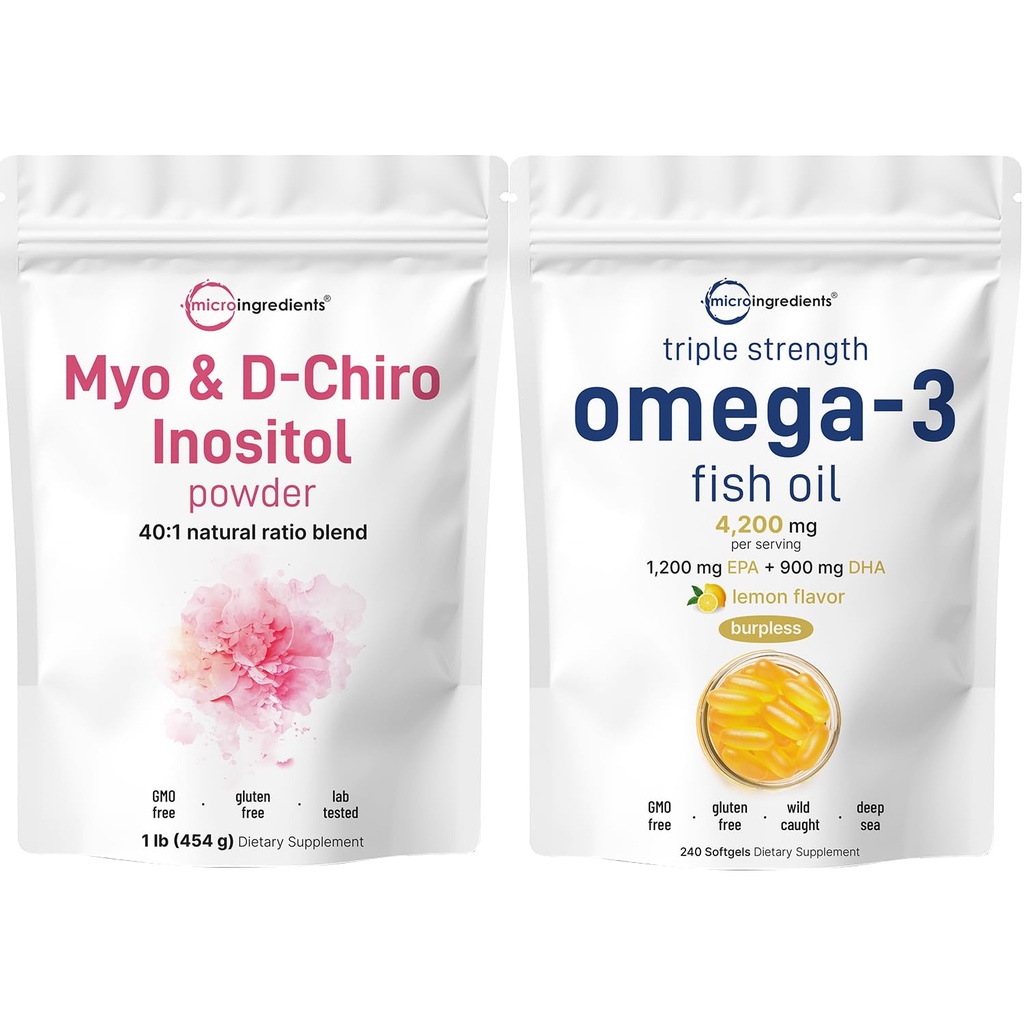Micro Ingredients Omega-3 Fish Oil 4 200 mg Softgels & Myo & D-Chiro Inositol Powder Bundle 2 Pack | Wild-Caught Fish, Lemon Flavored, Burpless | Inositol Supplement för kvinnor
