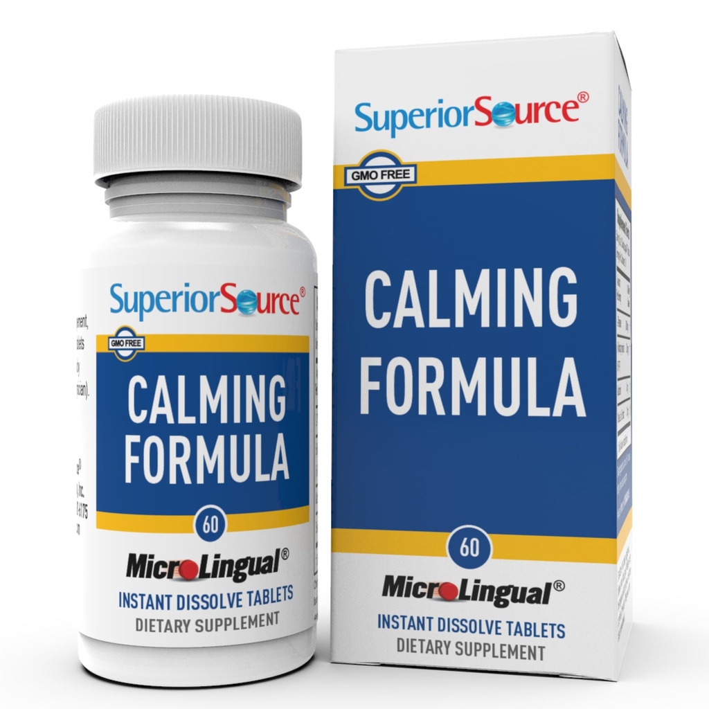 Superior Source Calming Formula, L-Theanine, Melatoniini, Alle kieli nopeasti liuottaa MicroLingual Tabletit, 60 Ct, 5-HTP parantaa serotoniinin muuntaminen, uni tuki, ei-GMO