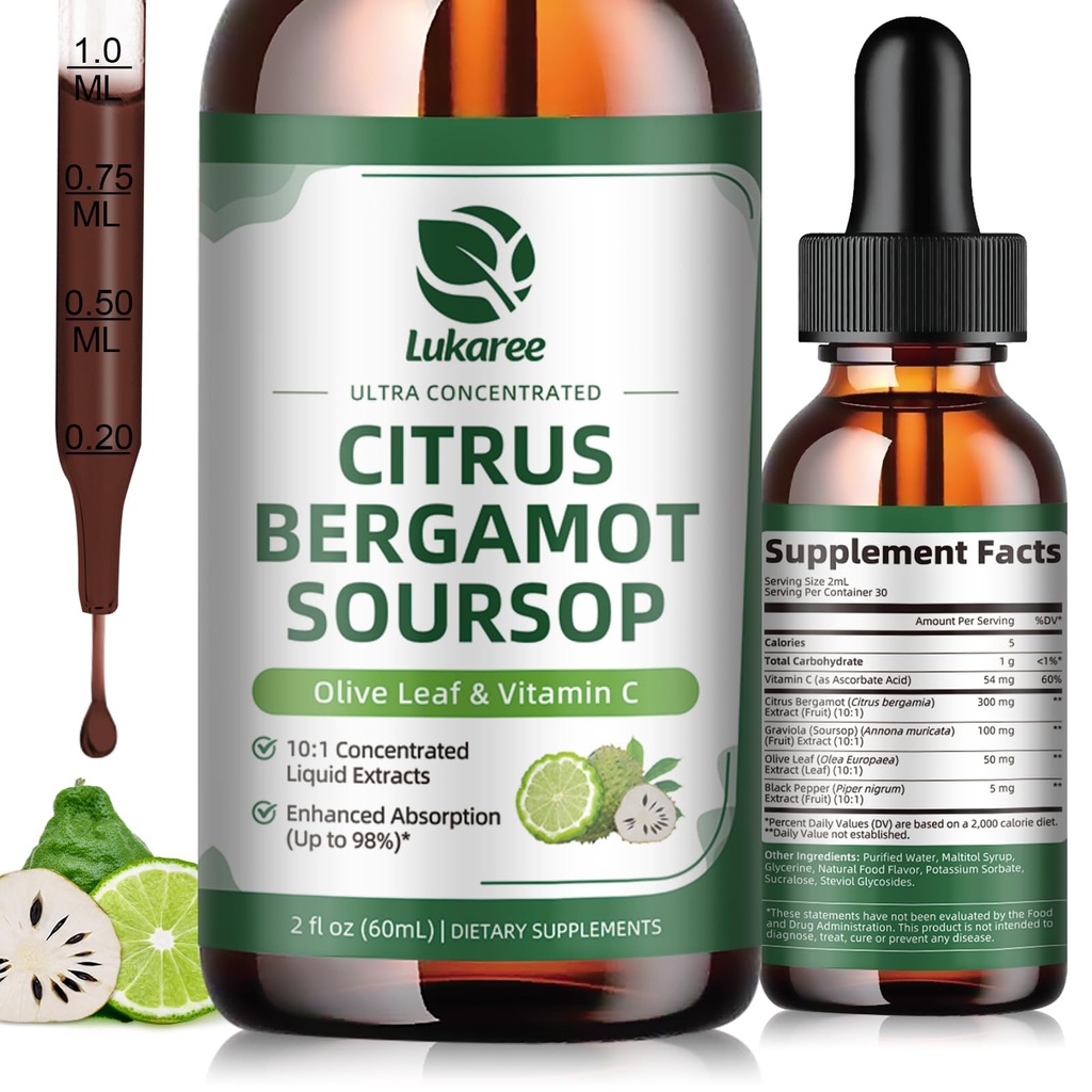 Citrus Bergamot Liquid Drops - Natural Supplement with Soursop, Red Jeast Rice, Valkosipuli, Olive Leaf, Black Pepper - Korkea Imeytyminen - Tuki yleistä hyvinvointia* - Soursop Bitters Liquid, 2 Fl Oz