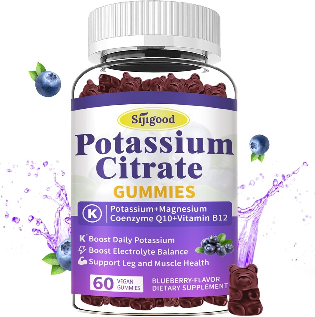 Kaliumsilikaatti Gummies ... Kaliumlisä lihakseen, jalkakramp- ja elektrolyyttitasapainoon, vegaaniin, ei-GMO:ihin, gluteeniton, mustikkamaku, 60