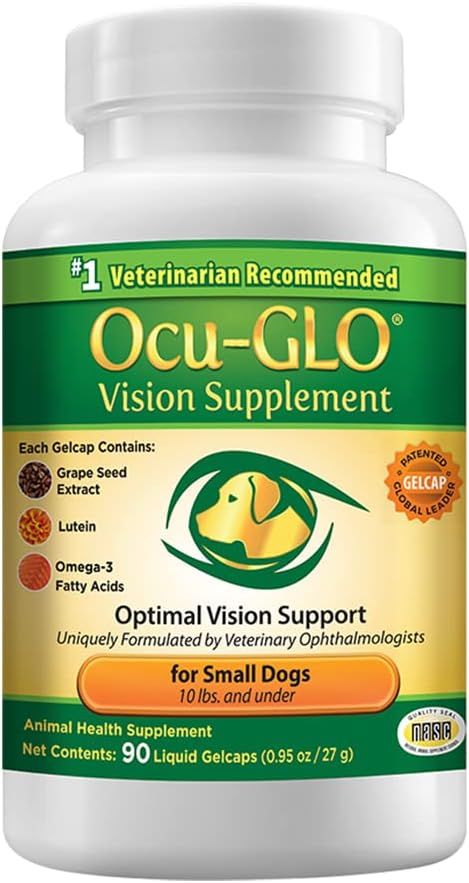 Ocu-GLO Vision Supplement för små hundar - Lutein, Omega-3 fettsyror, Grapeseed Extract - Stöd Optimal Eye Health & Vision hos hundar - Antioxidanter för Canine Ocular Health - 90ct SNIP CAPS