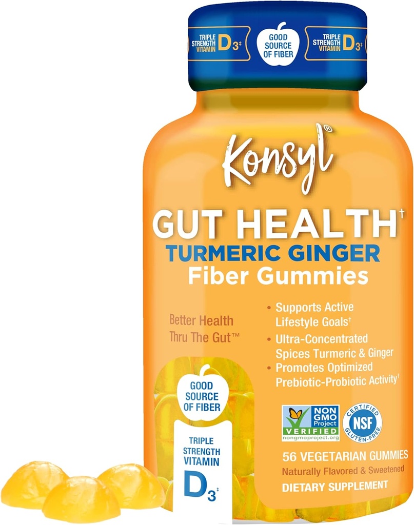 Konsyl Gut Health Turmeric Ginger Fiber Gummies - Hjälper till att stödja Digestive Health + - Vegetarian Fiber Supplement Gummies för vuxna - 56 Count