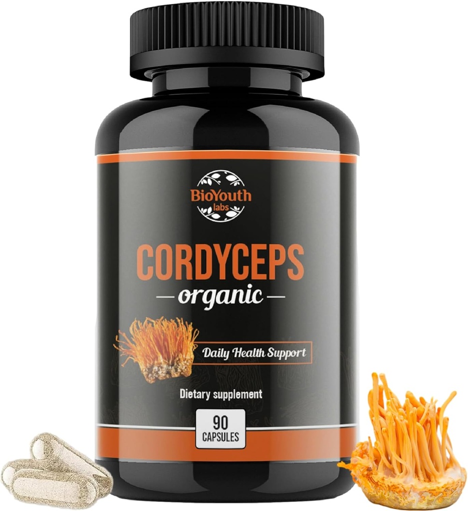 Cordyceps Organic Dietary Supplement - Natural Energy Boost and Respiratory Health Support med Cordyceps Militaris, kliniskt Backed, Non-GMO & Allergen-Free | 90 kapslar
