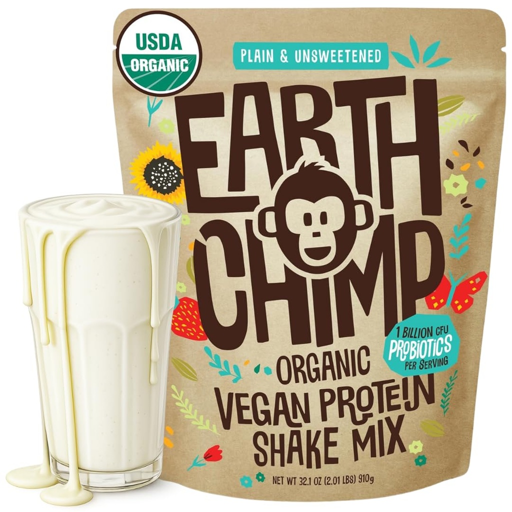 EarthChimp Organic Vegan Protein Powder - Probiootit - Non GMO, Dairy Free, Non Whey, Plant Based Protein Powder for Women and Men, Gluteeniton - 26 Tarjoukset 32 Oz (Plain & makeuttamaton)