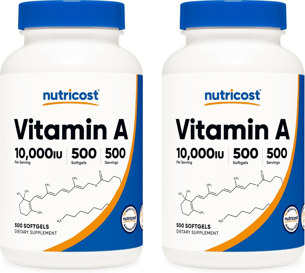 Nutricost A-vitamiini 10 000 IU, 500 Softgels (2 pulloa)