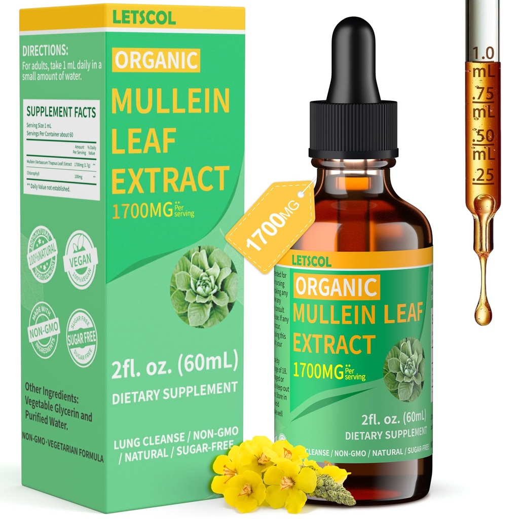Lung Cleanse - Luomumullein- tippa, tehokas 1700 mg Mullein Leaf -uute Immuuni- ja hengitystietukeen, luonnonmullein-lisä Tinkture Drops Non-GMO & Vegan, 2 Fl Oz