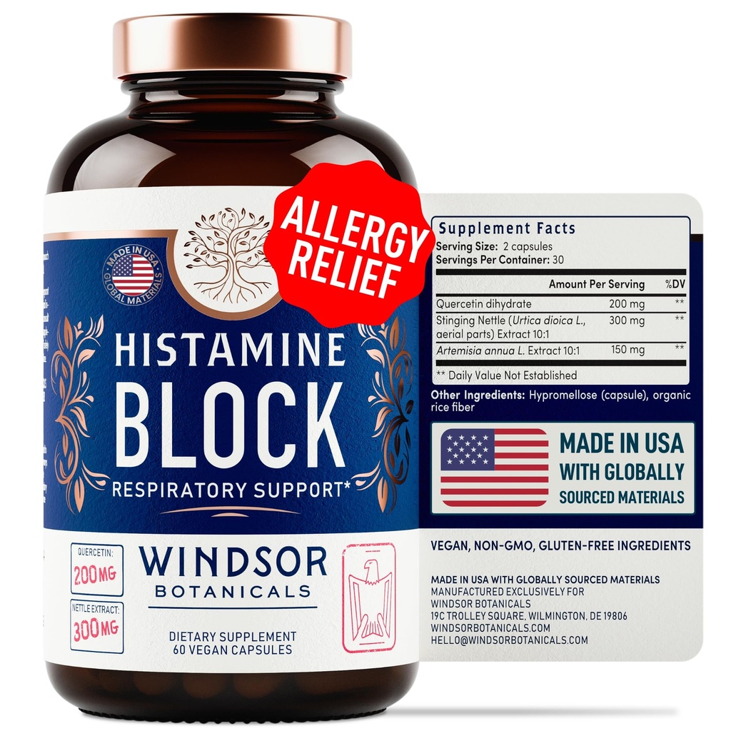 Histaminblockerare för allergier - Quercetin, Stinging Nettle Flavonoids Natural Antihistamine tabletter - Allergy Relief Supplements & Antihistaminer för vuxna - 60 Vegan Histamine Block Capsules
