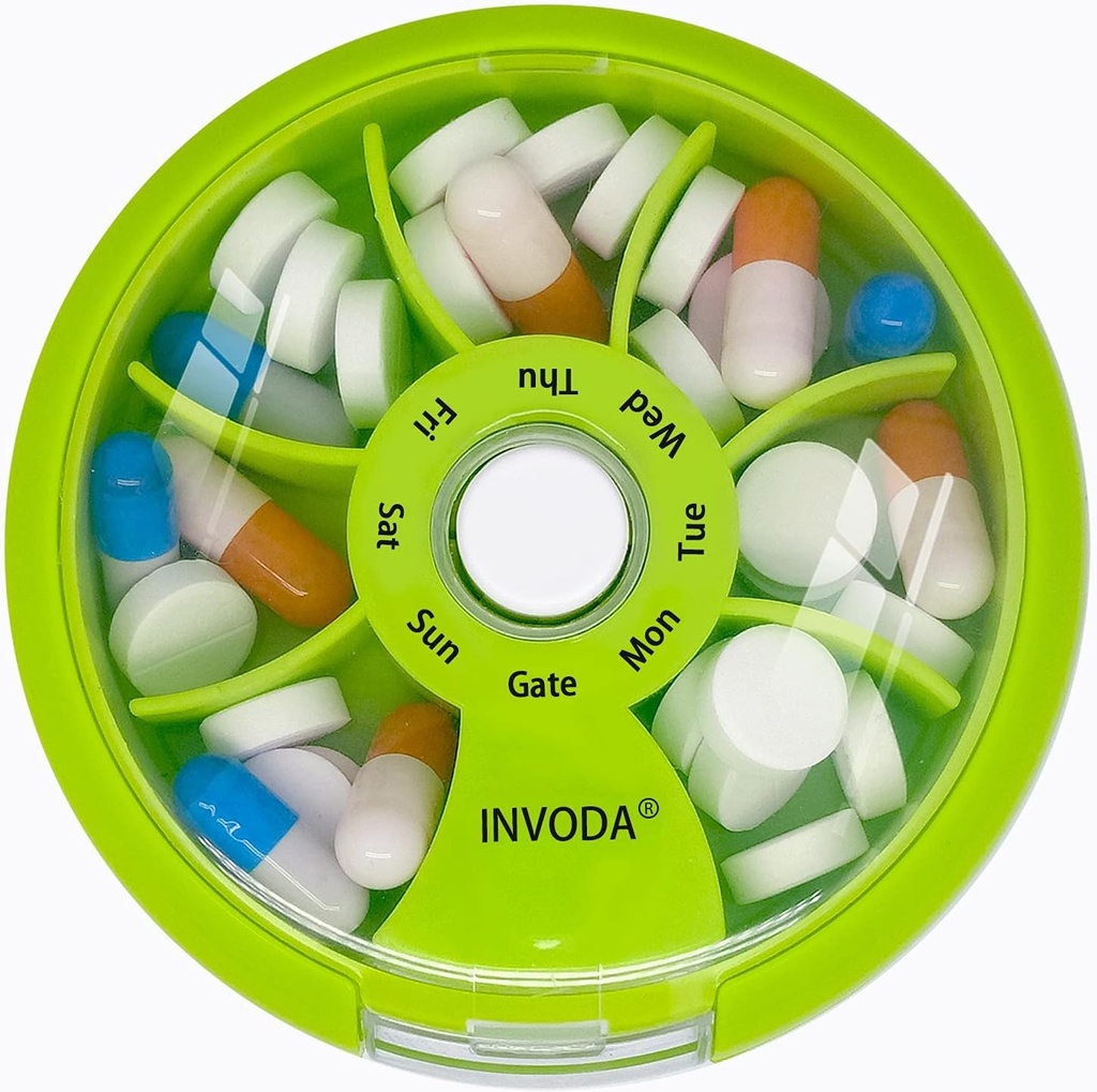 INVODA Weekly Pill Organizer 7 Compartment Rotating Pill Box för daglig medicinering och vitaminer - Portable Travel Pill Case Fish Oil Supplements Vitamins Organizer (Orange)