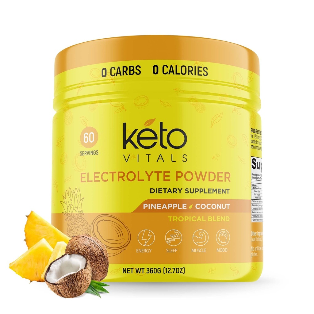 Keto Vitals Electrolytes Powder - Sokeriton Keto Electrolytes Powder with Kalium, Magnesium, Natrium, & Kalsium - No Sugar Electrolyte Drink Mix & Hydration Powder, 60 tarjoilua, Ananas Coconut