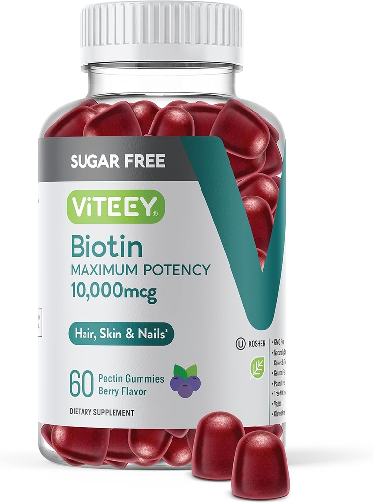 Vitey Biotin Gummies hiukset, iho, ja kynnet 10 000 mcg - Sokeriton - hiusten kasvu Gumies, terve iho hehku, vahva terveet kynnet kasvu - Vegan, gluteeniton, liivate vapaa - maukas Berry Flavor