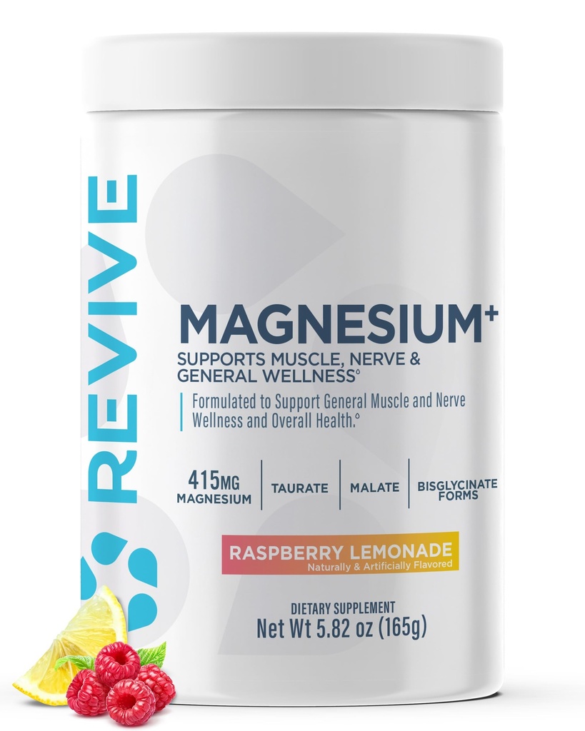 Revive MD Magnesium Powder Supplement - Magnesium Carbonate & Taurate Powder Drink Tukee Terveet luut, lihakset, & Nerves - Vegaani-ystävällinen, Gluteeniton & soija-vapaa (vadelma sitruuna, 30 tarjoilua)