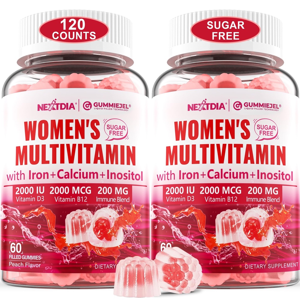 (2 pakkaus) Sokeriton monivitamiini naisille Gummie kalsium, D3 K2, Inositoli, Folaatti, Biotiini, Rauta, A-vitamiini, C, E, B Complex - Multivitamiinit & Minerals - Energia, Immuuni, Bone - Vegan