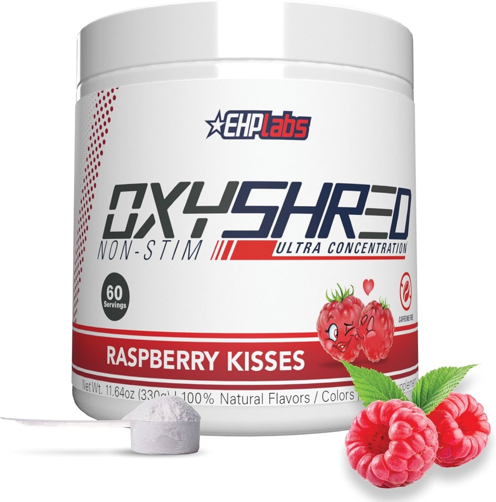 EHP Labs OxyShred Non Stimulant Pre Treenout Powder - Stim Free, Cofeine Free Preworkout miehille ja naisille - Non Stim Preworkout - Sokeri vapaa energia jauhe - Vadelma, 60 tarjoilua