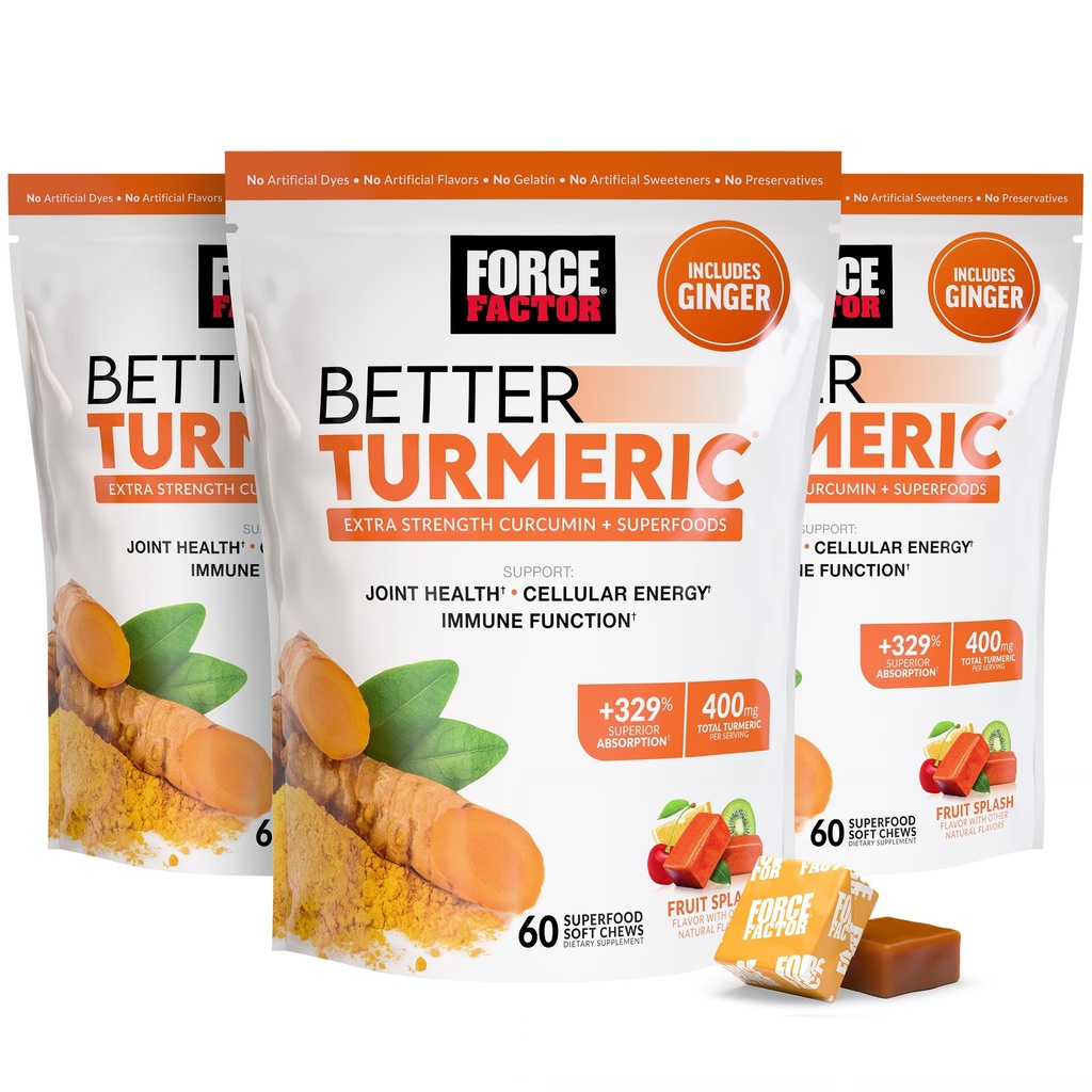 Force Factory Parempi Turmeric Yhteinen tuki täydentää Extra vahvuus Yhteinen terveys, Featuring HydroCurc Turmeric Curcumin musta Pepper Superior Imeytyminen, Fruit Splash, 180 Soft Chews