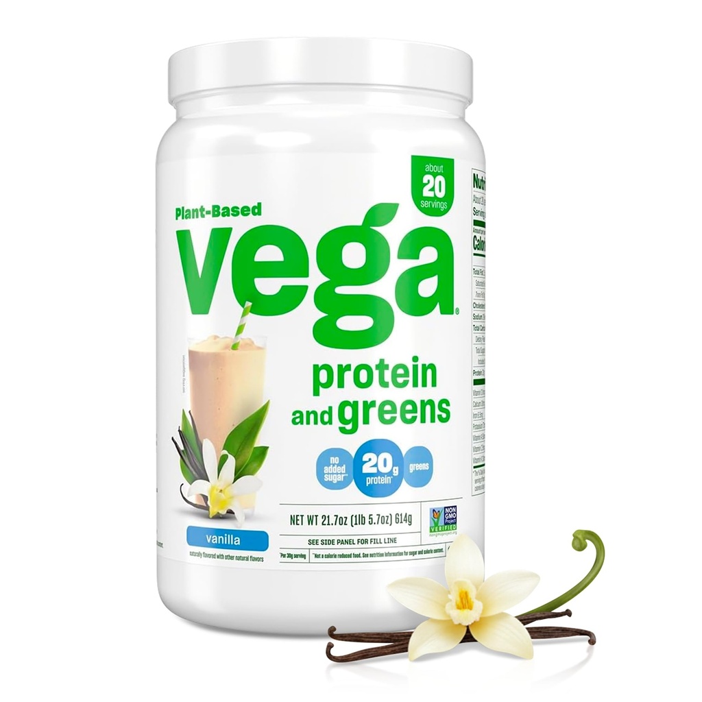 Vega Protein and Greens Protein Powder, Vanilja - 20g Kasviperäistä proteiinia Plus kasviksia, kasviksia, ei GMO, Pea Protein for Women and Men, 21.7 Ounce (Packaging May Vary)