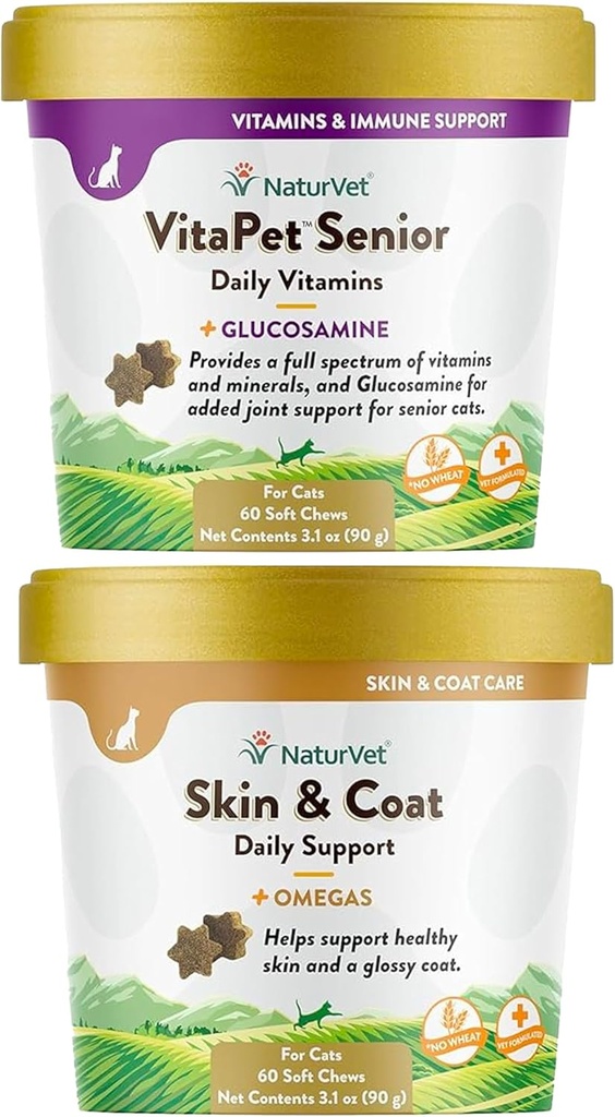NaturVet - Hud & Coat Plus Omegas för katter - 60 mjuka Chews | Stöder hälsosam hud och glansig päls | & VitaPet Senior Daily Vitamins för katter, formulerad för att ge viktiga mineraler, 90 g, 60 greve