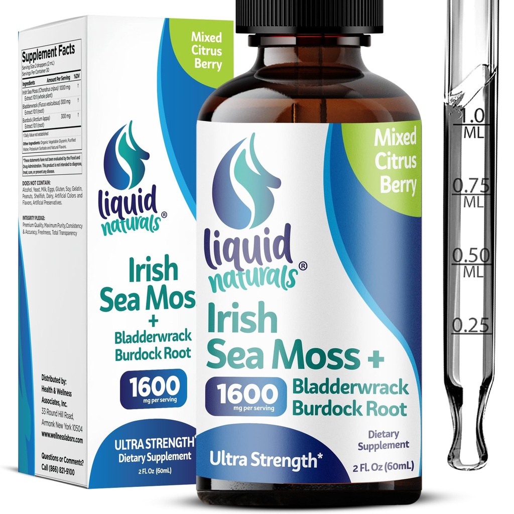 Irish Sea Moss Drops - Citrus Berry Flavor - 92+ Essential Minerals & Vitamiines - Energia, iho, Gut, Recovery - Rakkomurska ja Burdock juuri - 2 fl. oz