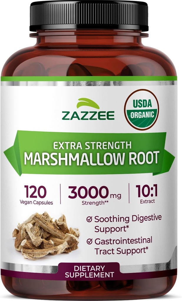 Zazzee USDA Organic Marshmallow Root 10:1 Extract, 3000 mg Styrka, 120 Vegan kapslar, 4 månaders leverans, standardiserad, koncentrerad 10X extrakt, 100% vegetarisk, all-naturlig, icke-GMO, tillverkad i USA