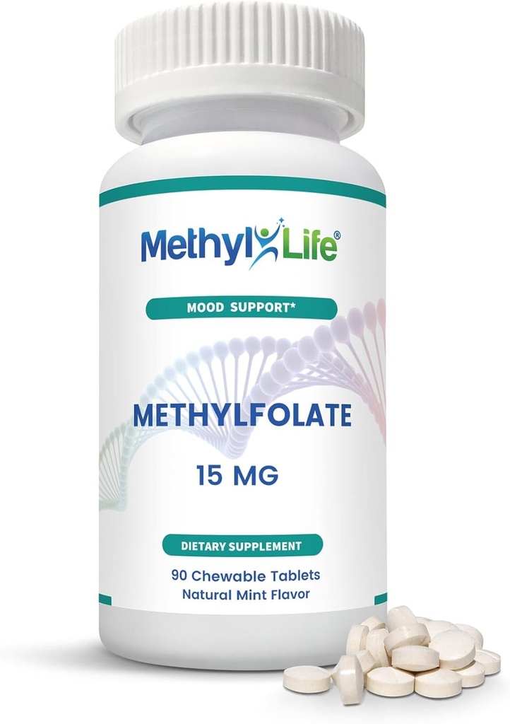 Methyl-Life® L-Methylfolate 15 mg för kvinnor och män - Aktiv folattillskott med ultrapur Cerebrofolate® (L-5-MTHF Calcium) - Hög biotillgänglighet B9 Support - Goda tuggbara tabletter | 90 Count