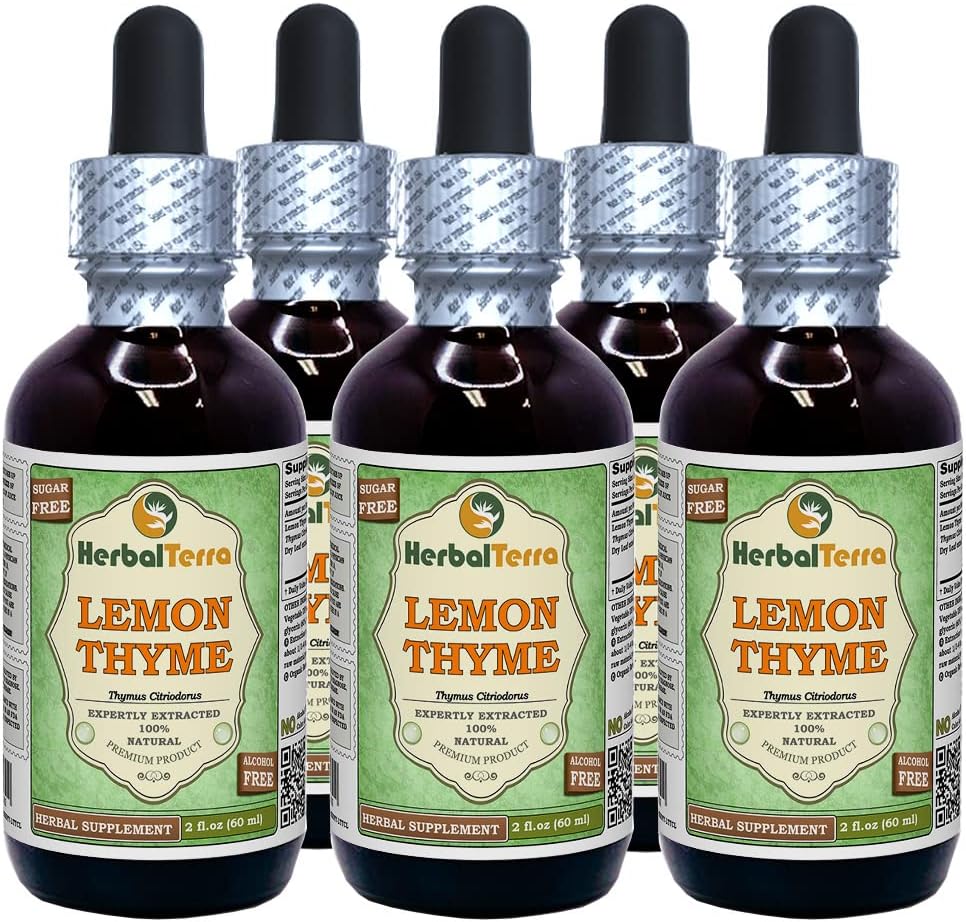 Sitruunatimjami (Thymus x Citrijodorus) Glyseriitti, luomukuivattu yrttialkoholiton nesteuute (Brandin nimi: HerbalTerra, ylpeästi valmistettu USA) 5x2 fl.oz (5x60 ml)