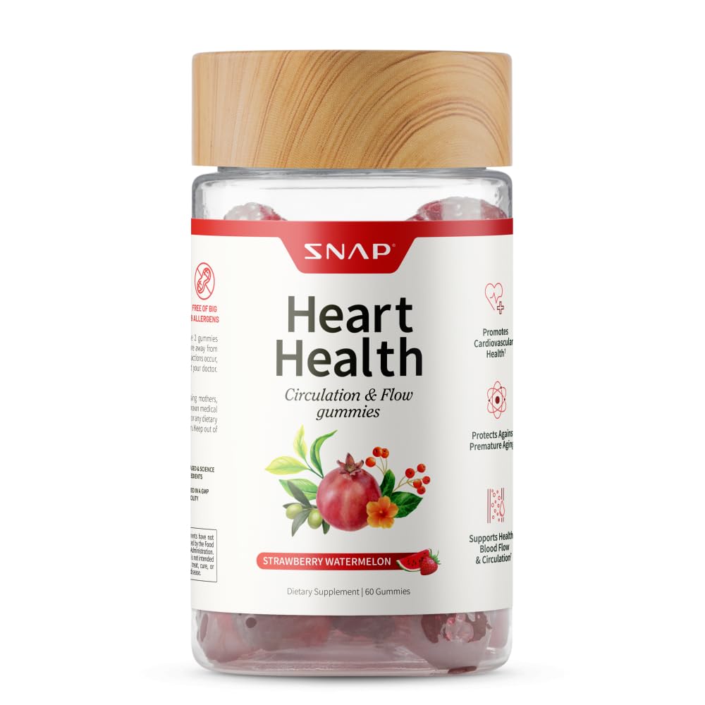 Snap lisäravinteet Heart Health Gummies, verenkierron lisäravinteet, CoQ10 Heart Health lisäravinteet, Veren virtaus täydentää, sokeriton, 60 Gummies