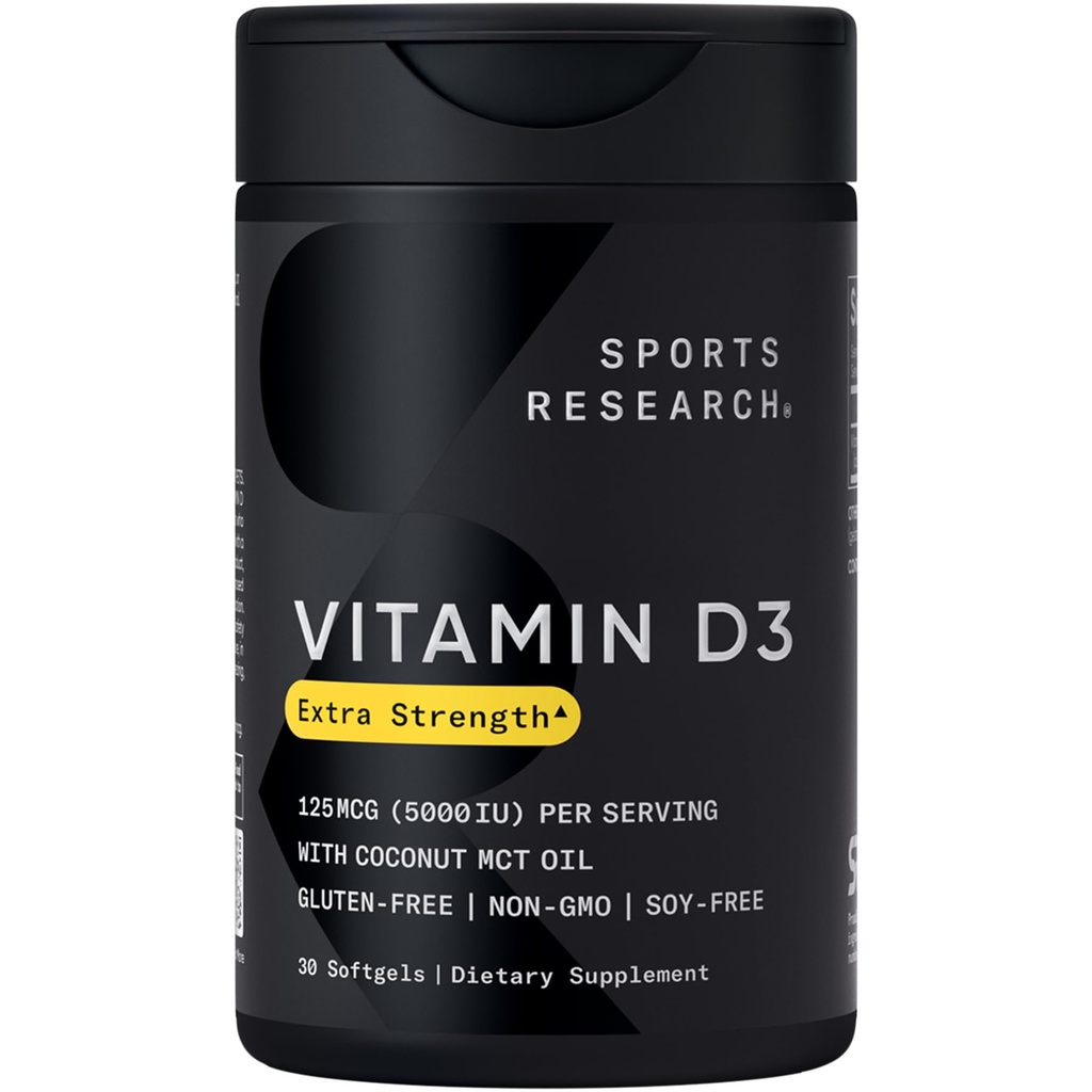 Urheilu Tutkimus D3-vitamiini D3 5000 IU Cococonut MCT Oil - High Potency D-vitamiini Supplement for Immune & Bone Support - Ei-GMO Varmennettu, Gluteeniton & soijaton 125 mcg, 30 Liquid Softgels