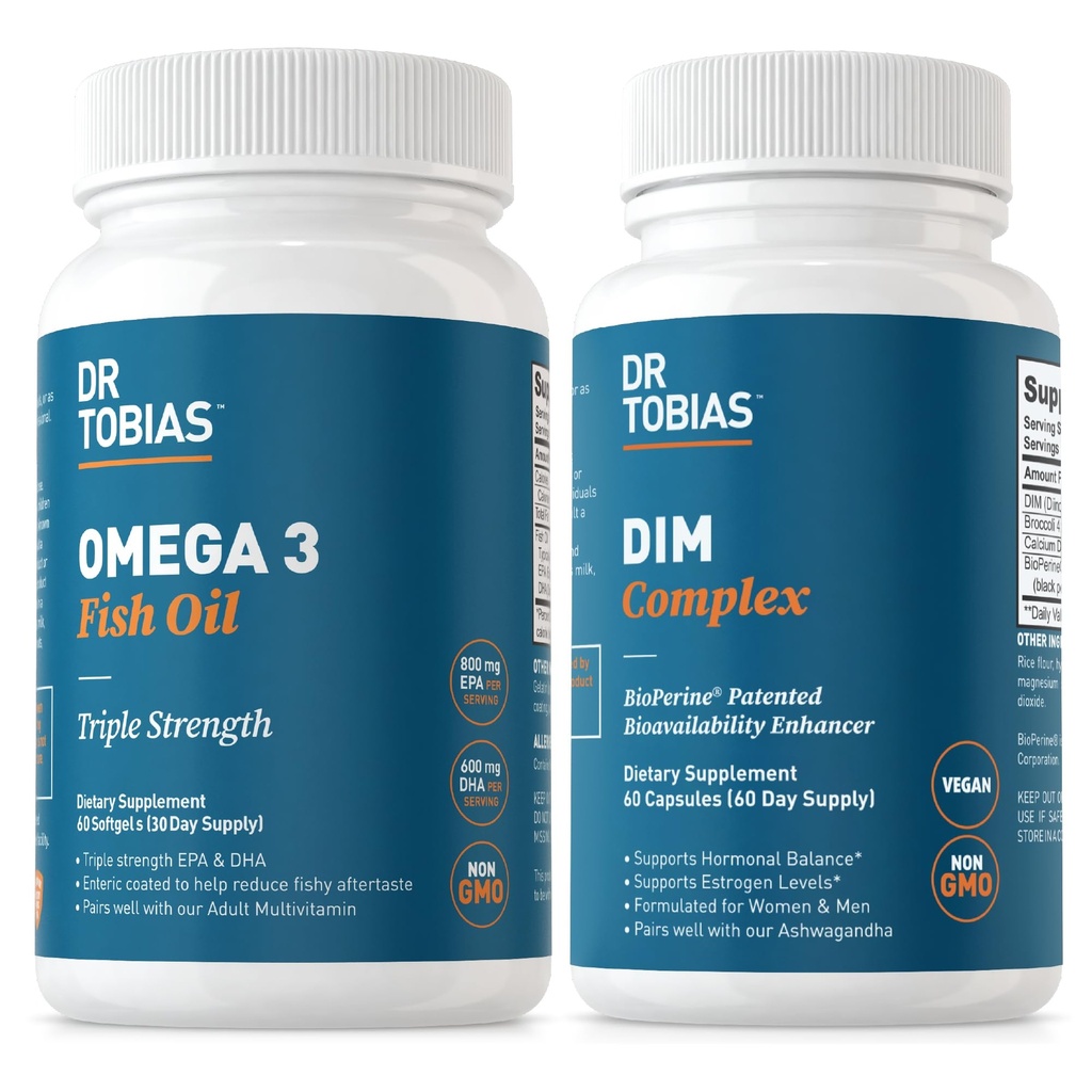 Tobias Omega 3 Fish Oil ja DIM Complex lisäravinteet, tukee sydän, aivot Immuunitoiminta ja hormonitasapaino naisten ja miesten BioPerine, Borccoli uute & kalsium D-Glucarate, 60 kapselia