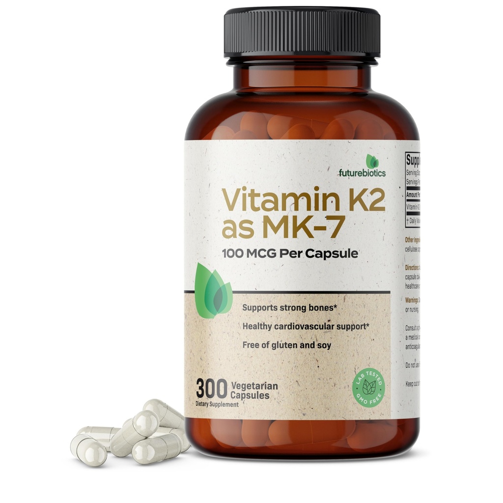 Futurebiootit K2-vitamiini MK-7 100 mikrog, tukee vahva luut - ei-GMO, 300 kasvissyöjä kapselit